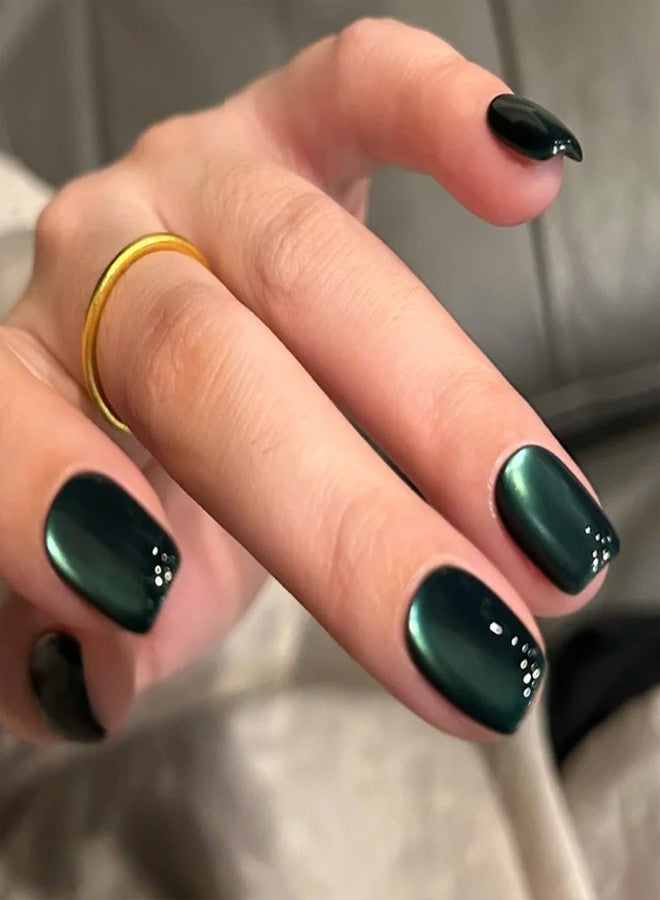 TOGZOM Dark Green Press on Nails Short Square Fake Nails Cat Eye Acrylic Nails Ombre Artificial Glue on Nail Glossy False Nails Xmas Stick on Nail for Women Manicure 30Pcs - Image 1